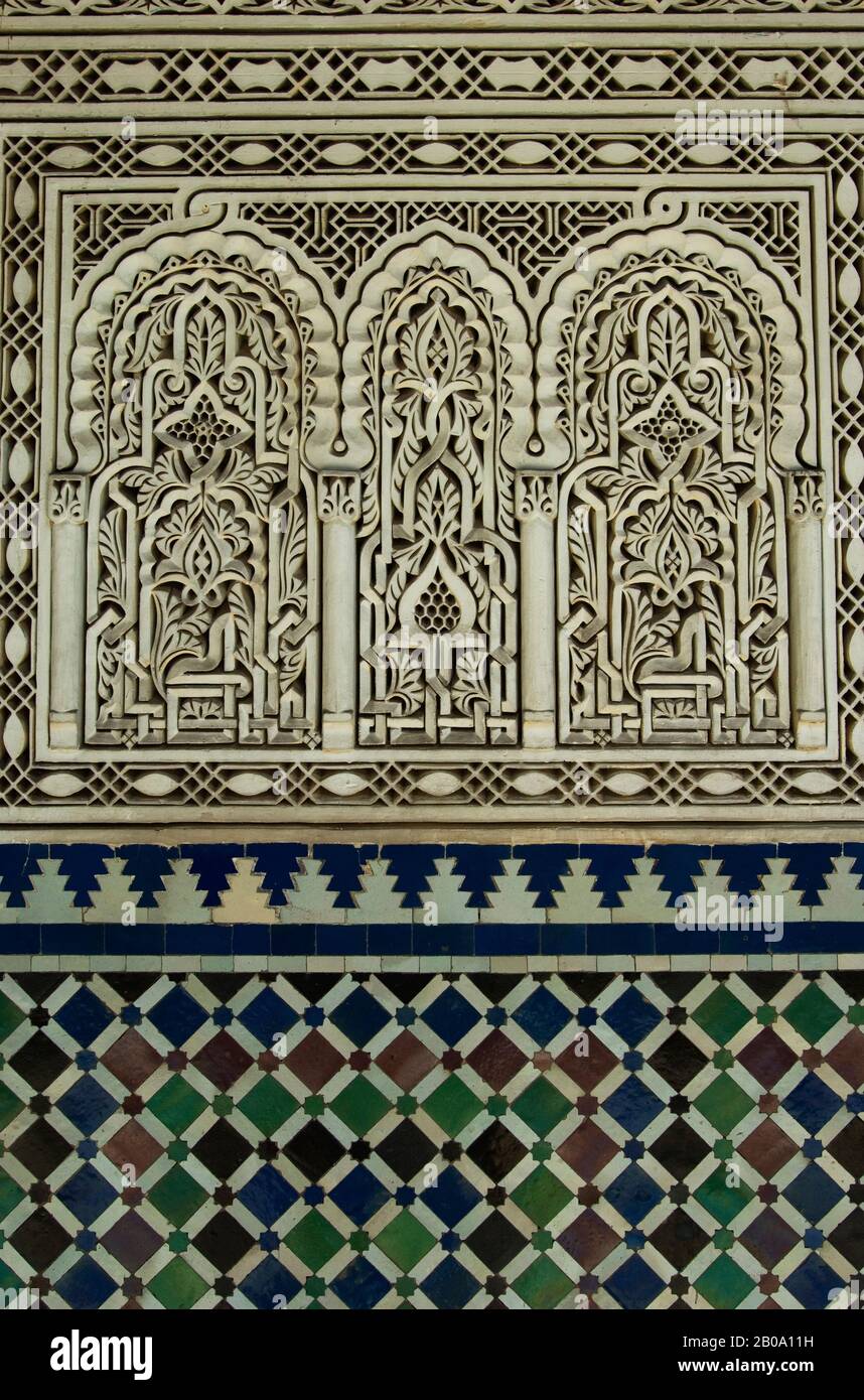 MAROCCO, CASABLANCA, EX PALAZZO, ARCHITETTURA MORESCA, DETTAGLIO DI MURO, STUCCO Foto Stock