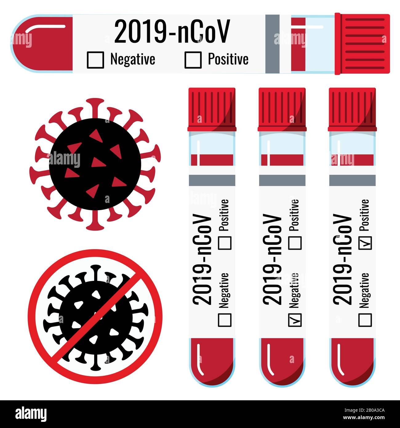 Campioni di sangue di coronavirus in provette di plastica con set di icone vettore CAP con adesivo, segno isolato su sfondo bianco. Design piatto cartone animato stile me Illustrazione Vettoriale