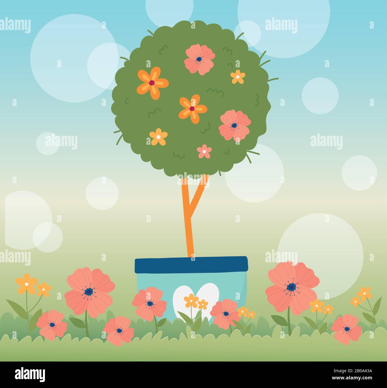 felice primavera fiori albero in vaso erba floreale sfocatura sfondo vettore illustrazione Illustrazione Vettoriale