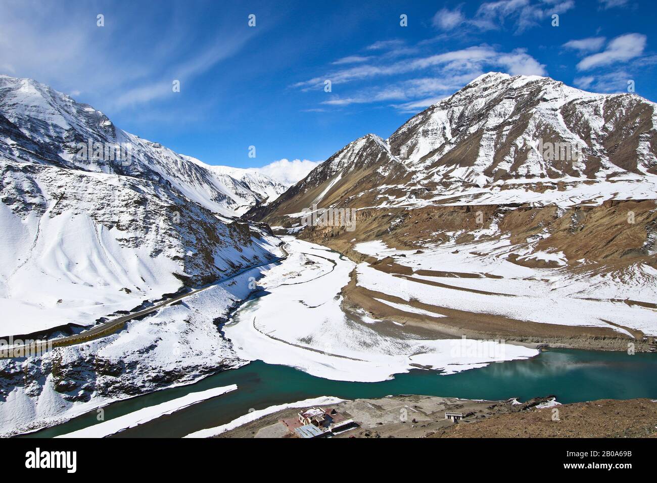 Il punto d'incontro dei fiumi Indus e Zanskar. Ladakh, Himalaya. India Foto Stock