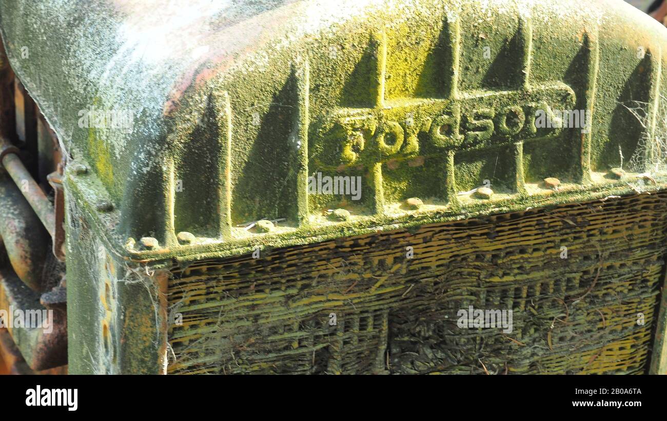 Il lichen formicolò la parte anteriore e la griglia di un trattore Fordson relitto Foto Stock