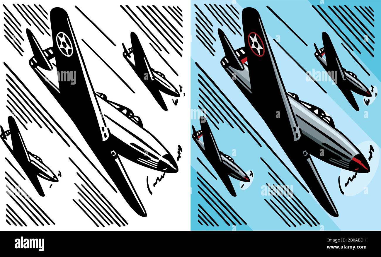 Un disegno di una formazione del velivolo da combattimento americano della seconda guerra mondiale il P-51 Mustang. Illustrazione Vettoriale