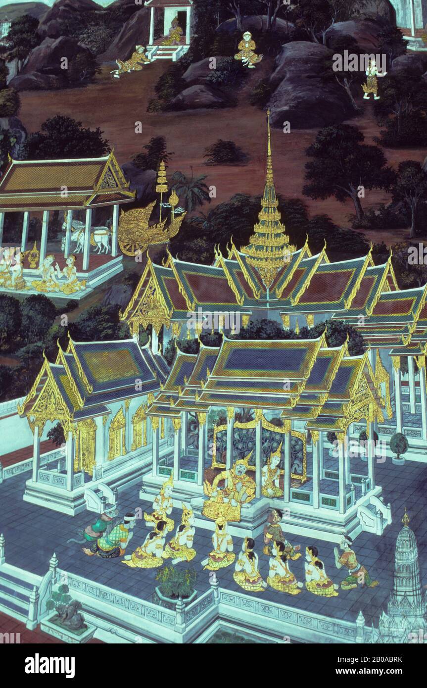 THAILANDIA, BANGKOK, GRAND PALACE, MURALES PARETE DEL CHIOSTRO Foto Stock