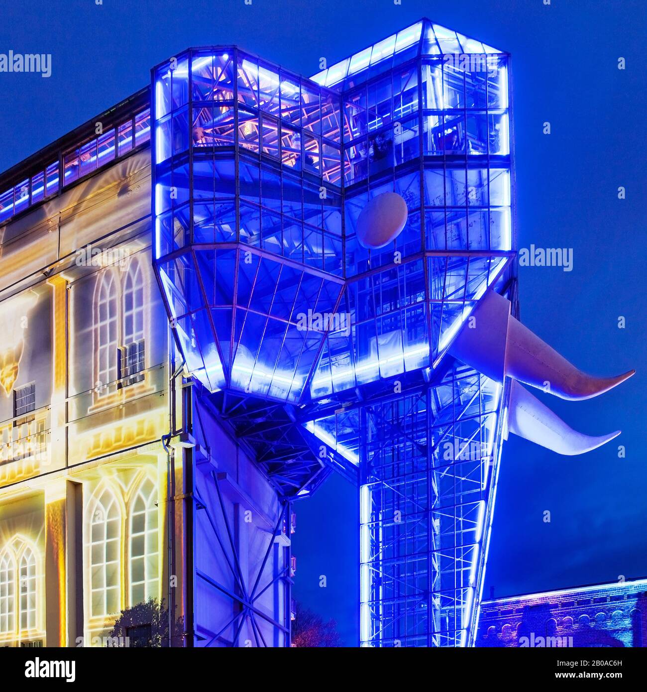 Elefante di vetro illuminato del Parco Maximilian, Germania, Renania Settentrionale-Vestfalia, zona della Ruhr, Hamm Foto Stock