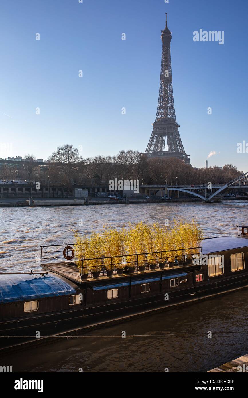 La Torre Eiffel si erge sopra una chiatta sul fiume Senna, Parigi Foto Stock