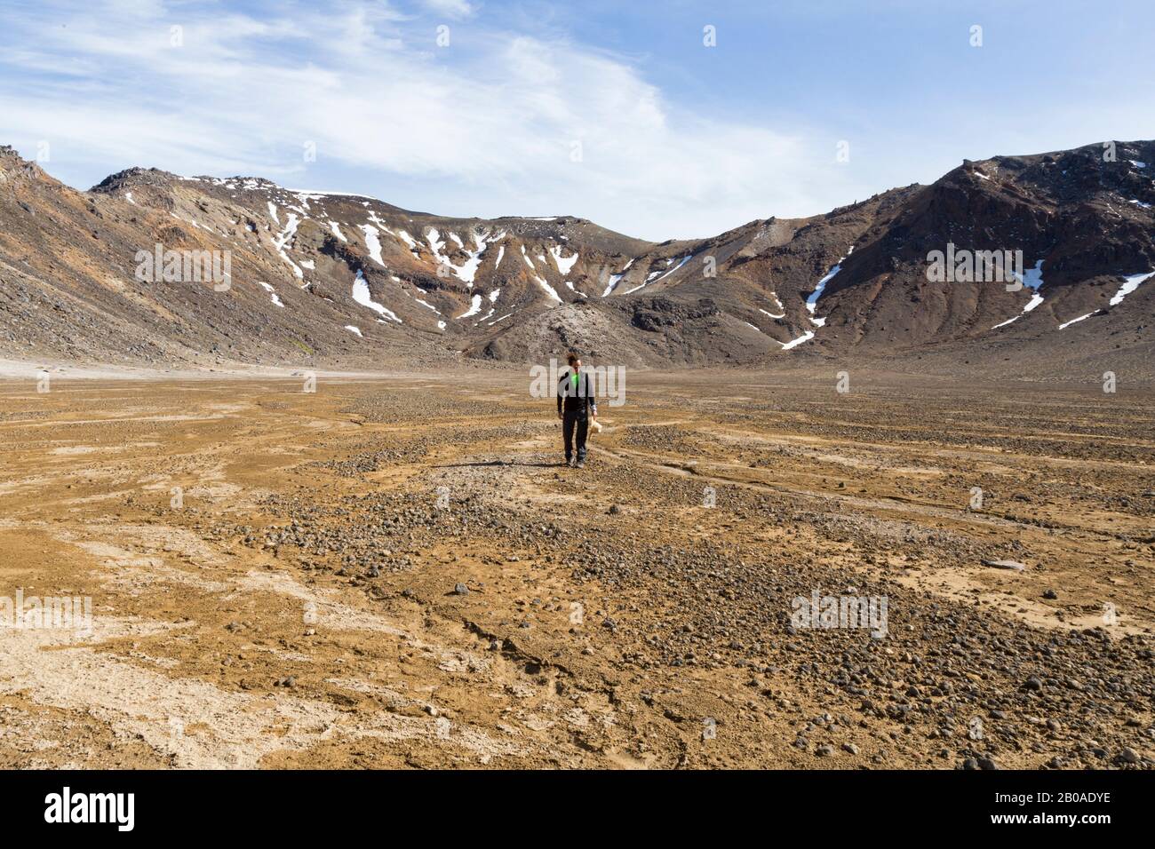 Un uomo con un cappello, in piedi nel mezzo del paesaggio desertico Foto Stock