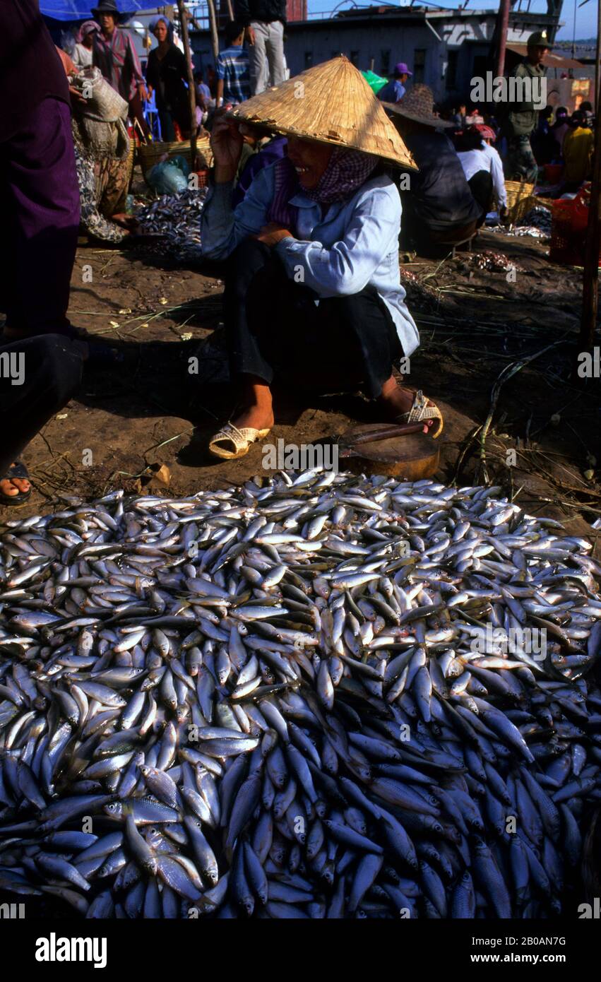 CAMBOGIA, PHNOM PENH, FIUME MEKONG, PESCATORI CON PESCE Foto Stock