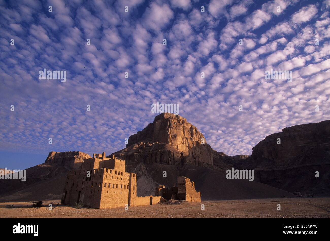 YEMEN, WADI HADRAMAWT, VICINO A SAY'UN, PICCOLO VILLAGGIO CON EDIFICI IN MATTONI DI FANGO Foto Stock