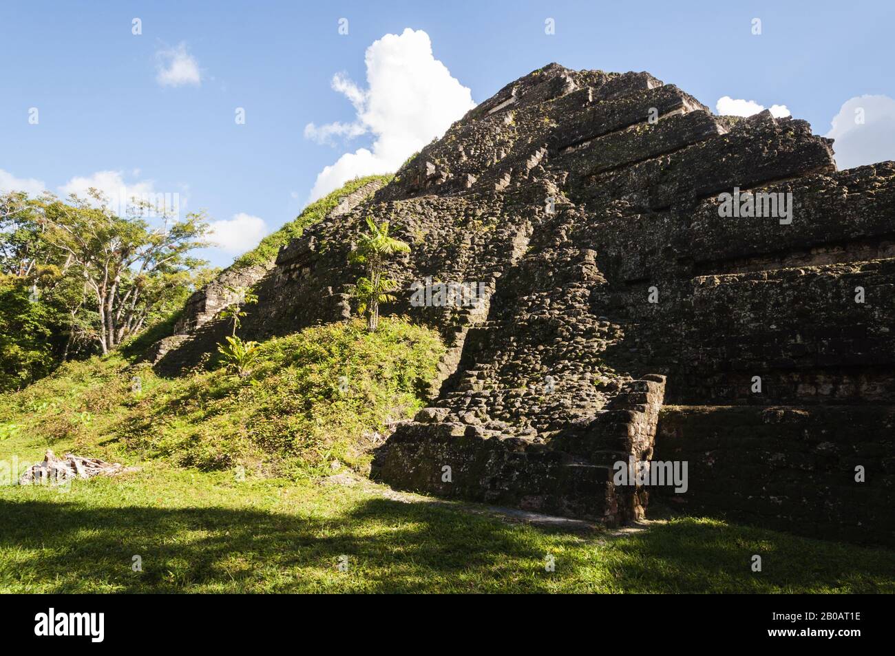 Guatemala, Parco Nazionale di Tikal, Mundo Perdido, Piramide del mondo perduto, 700 a.C., più antica di Tikal, parte posteriore scavata, architettura talud-tablero; Foto Stock