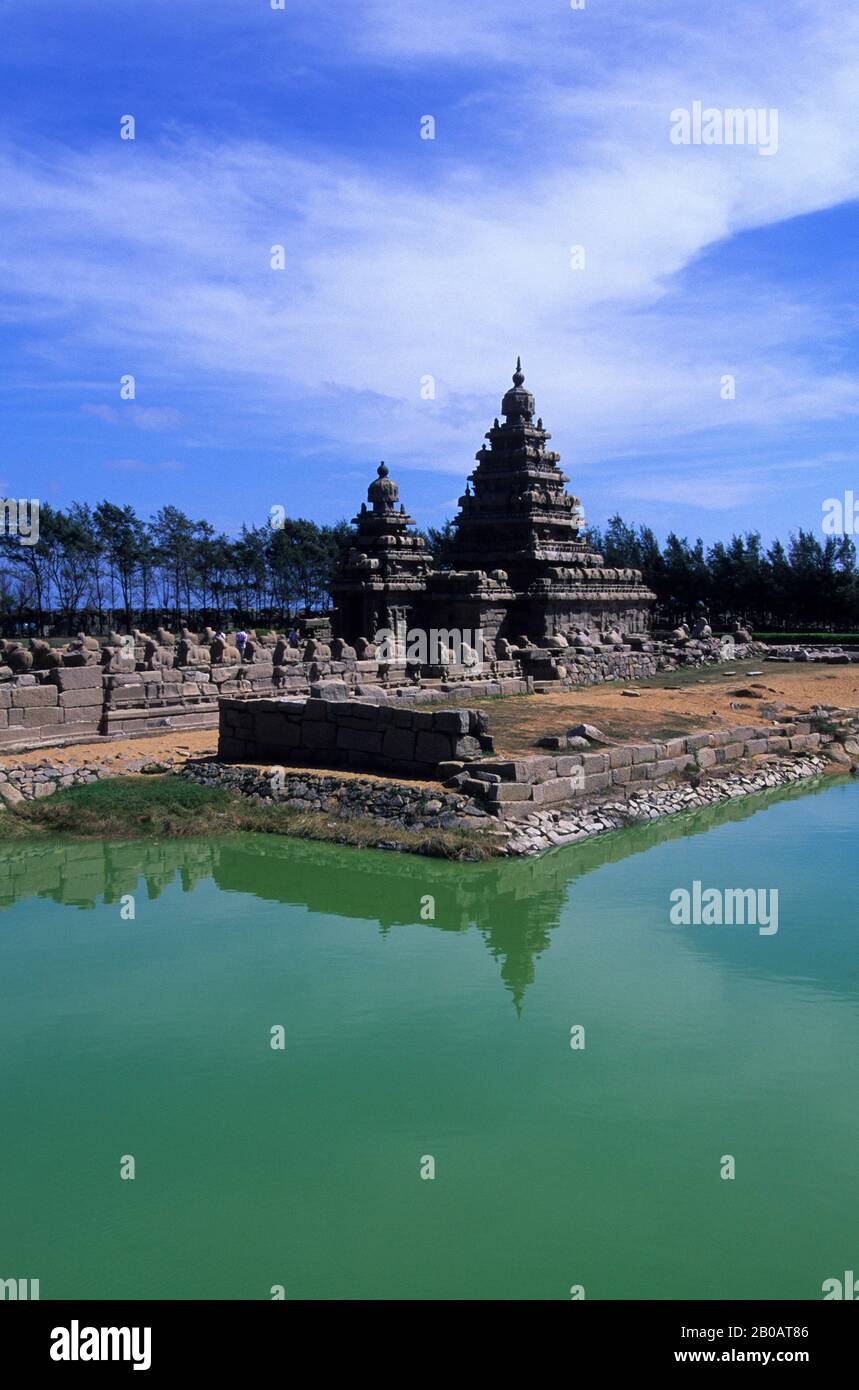 INDIA, VICINO MADRAS (CHENNAI), MAHABALIPURAM, TEMPIO DI RIVA CHE RIFLETTE IN POND, FILE DIGITALE Foto Stock
