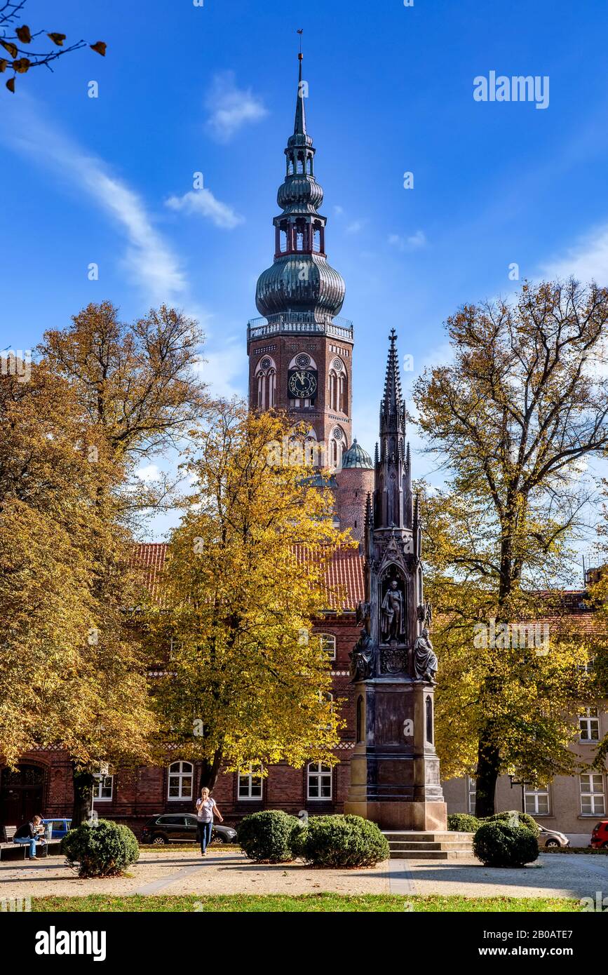 Greifswald, Germania, 10/12/2018: Monumento a Rubenow a Greifswald con Cattedrale di San Nicola, Germania Foto Stock