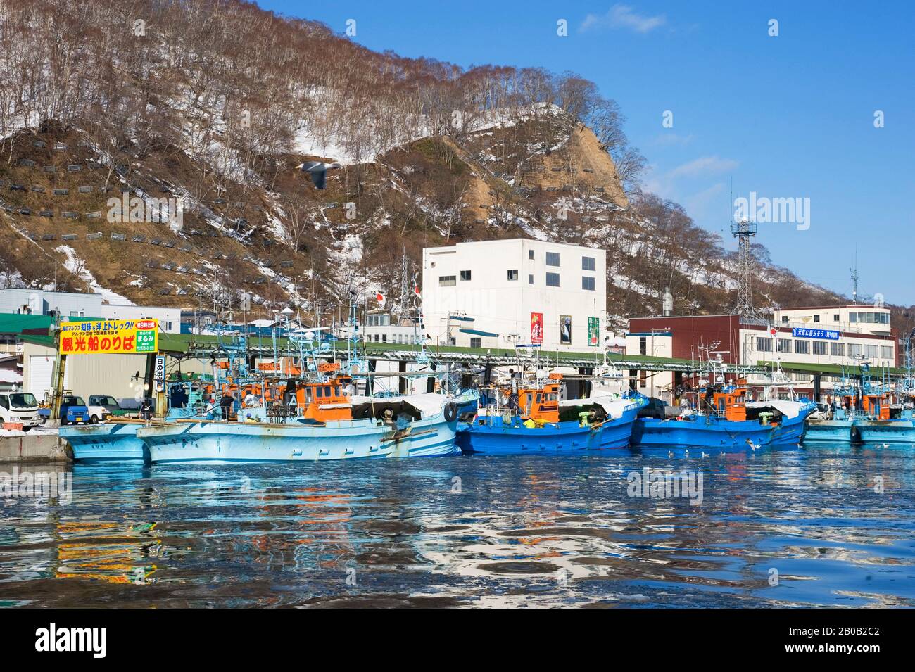 GIAPPONE, ISOLA DI HOKKAIDO, RAUSU, PORTO DI PESCA CON BARCHE DA PESCA Foto Stock