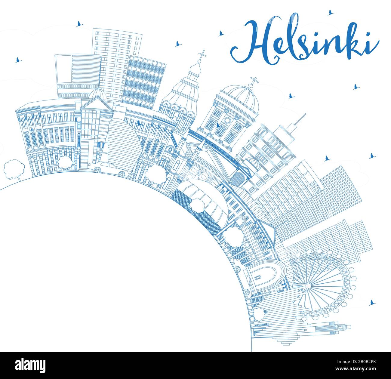 Delineare Helsinki Finlandia skyline della città con edifici blu e copia di spazio. Illustrazione Vettoriale. Viaggi di lavoro e di concetto con architettura storica. Illustrazione Vettoriale