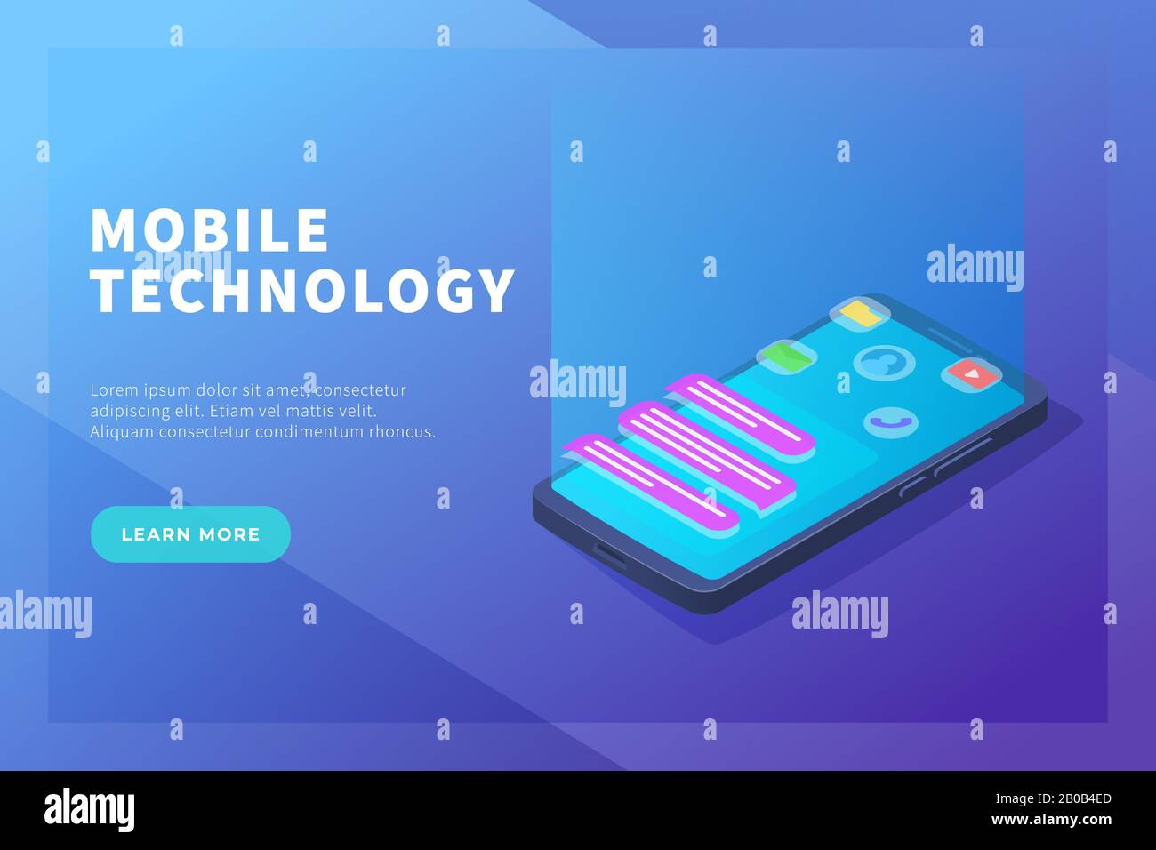 concetto di tecnologia mobile con icona di smartphone e app per il modello di sito web o il vettore della home page di destinazione Foto Stock