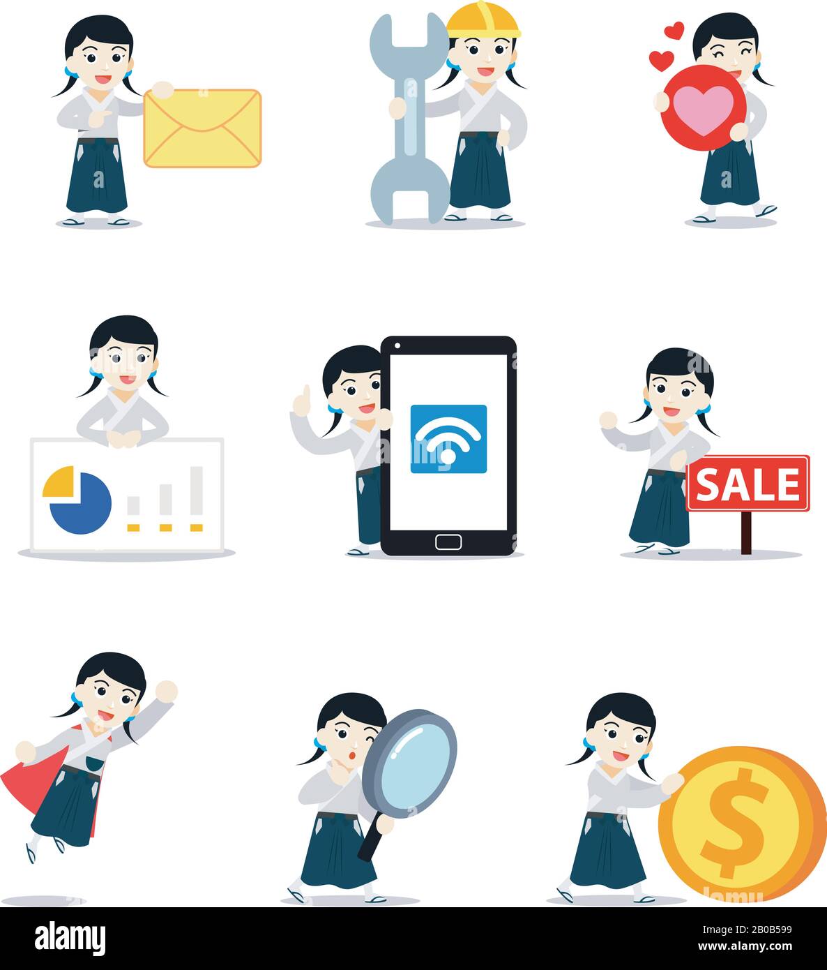 Impostare il personaggio di samurai guerriero femminile in una lotta utilizzando una spada mortale. Illustrazione Vettoriale