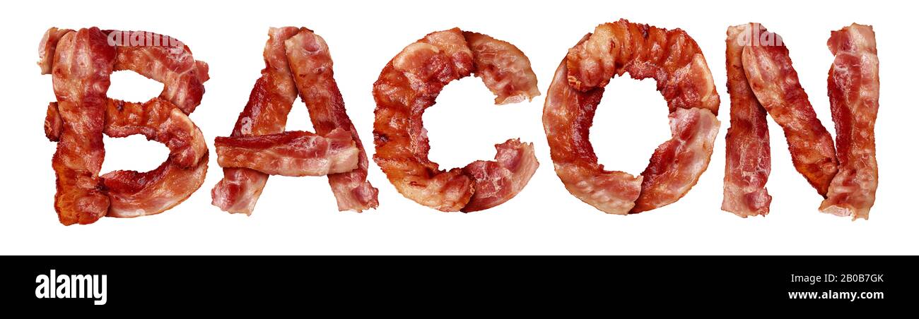 Il testo del cibo del bacon come una fetta sottile cotta di carne stagionata a forma di lettere isolate su uno sfondo bianco. Foto Stock