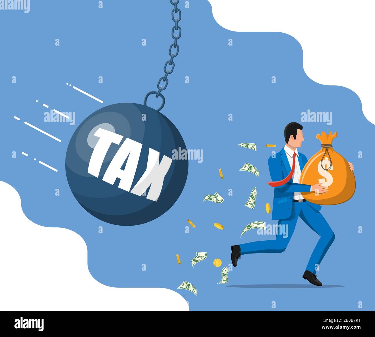 L’uomo d’affari che si allontana dall’enorme pendolo fiscale. Illustrazione Vettoriale