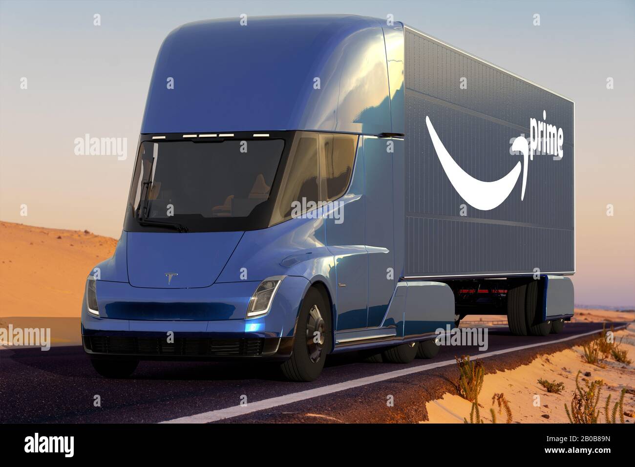 Veicolo semi-Rimorchio Tesla con logo Amazon prime Foto Stock