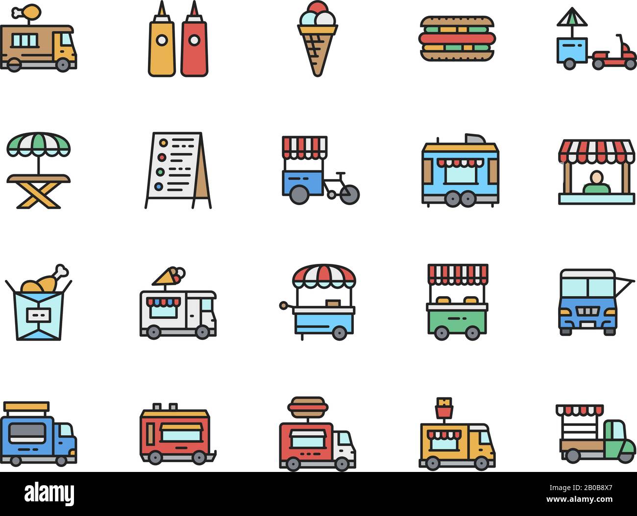 Set Di Icone Della Linea Di Colore Del Camion Alimentare. Pollo Fritto, Gelato, Cane Caldo E Molto Altro. Illustrazione Vettoriale