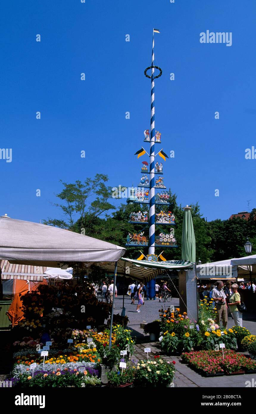 GERMANIA, BAVIERA, MONACO DI BAVIERA, VIKTUALIENMARKT, MERCATO GIORNALIERO, MAYPOLE Foto Stock
