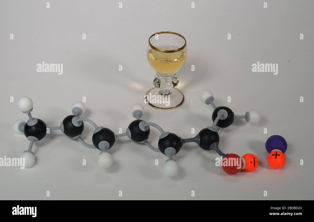 Molecola modello di Potassiumsorbato (E202) spesso usato per inibire gli stampi negli alimenti, o vite (campione). Il bianco è Idrogeno, il nero È Carbonio, il rosso è ossigeno, L Foto Stock
