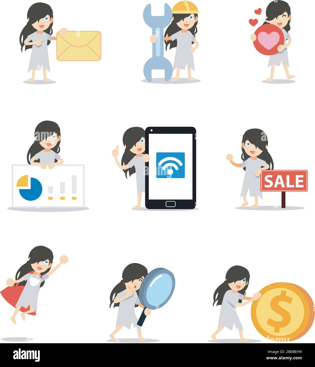 Set di carattere femmina fantasma spaventoso in festa di Halloween. Illustrazione Vettoriale