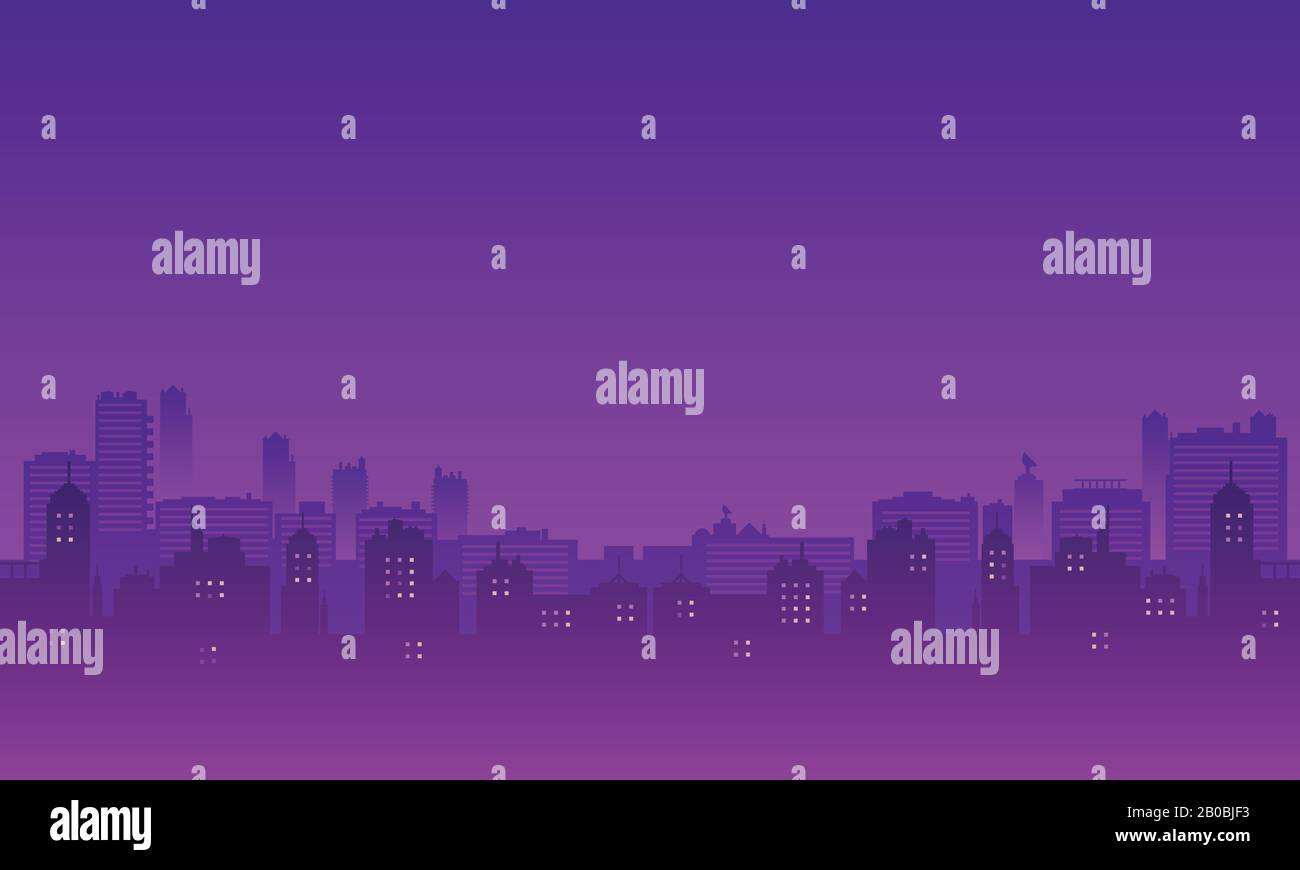 Silhouette della città con sfumatura viola del cielo. Illustrazione Vettoriale