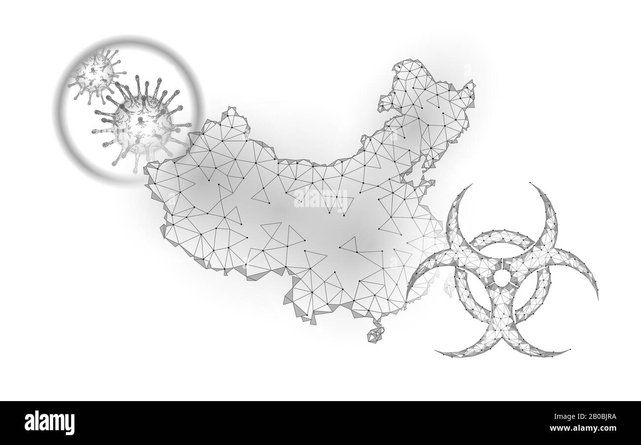 Cina Repubblica paese 3D mappa. Infezione polmonite simbolo di pericolo. 3D poli basso. Design internazionale PRC bianco grigio silhouette. Contro l'epidemia di virus Illustrazione Vettoriale