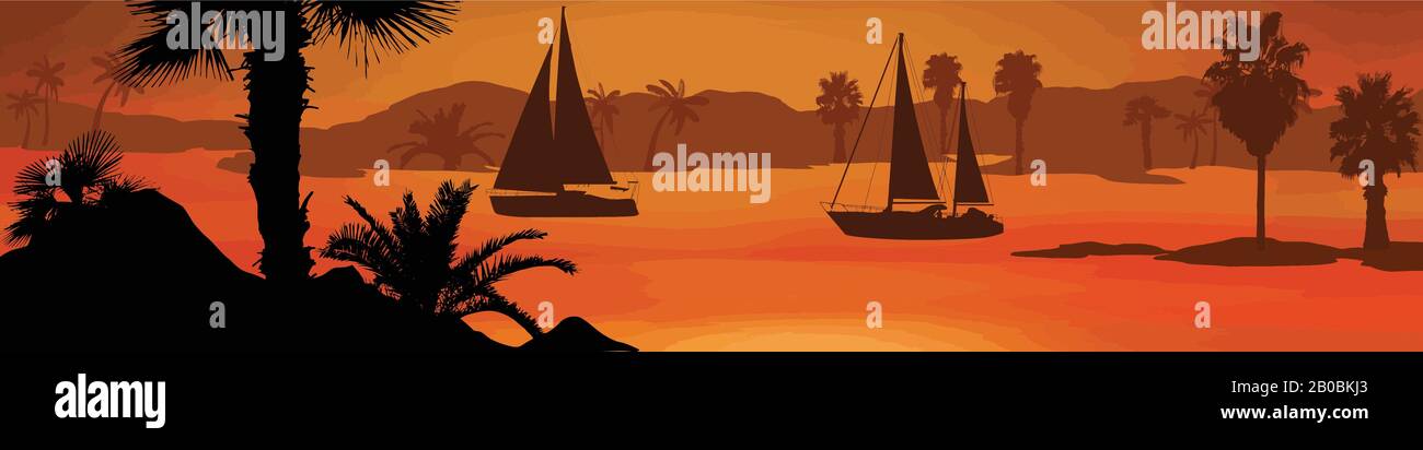 Barche a vela silhouette al mare sul bel tramonto, illustrazione vettoriale Illustrazione Vettoriale