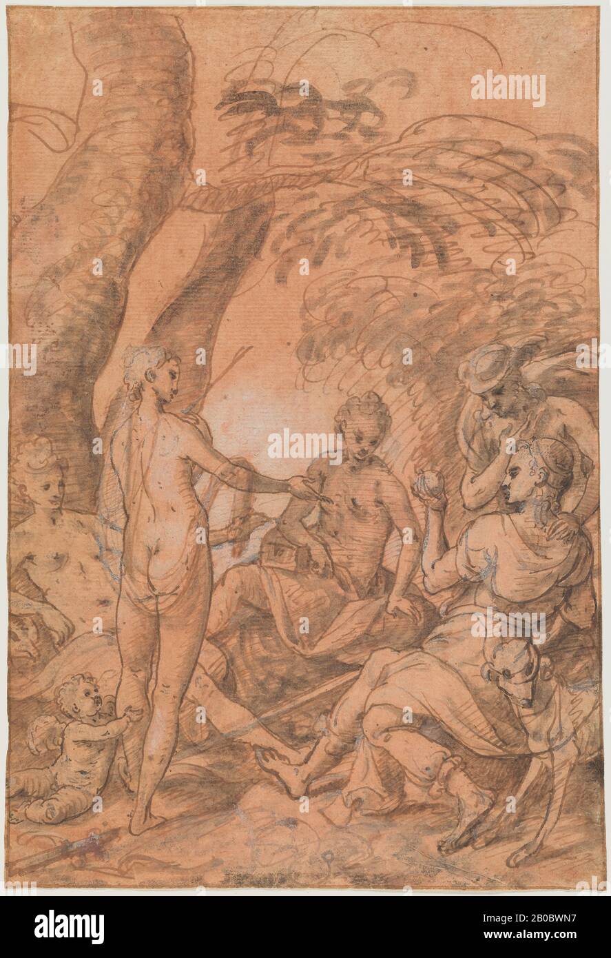 Hans Rottenhammer i, Giudizio di Parigi, 1564-1625, penna e inchiostro marrone, lavaggio marrone su carta preparata di colore rosa, 11 1/4 in. X 7 3/4 in. (28,58 cm. x 19,69 cm.) Foto Stock