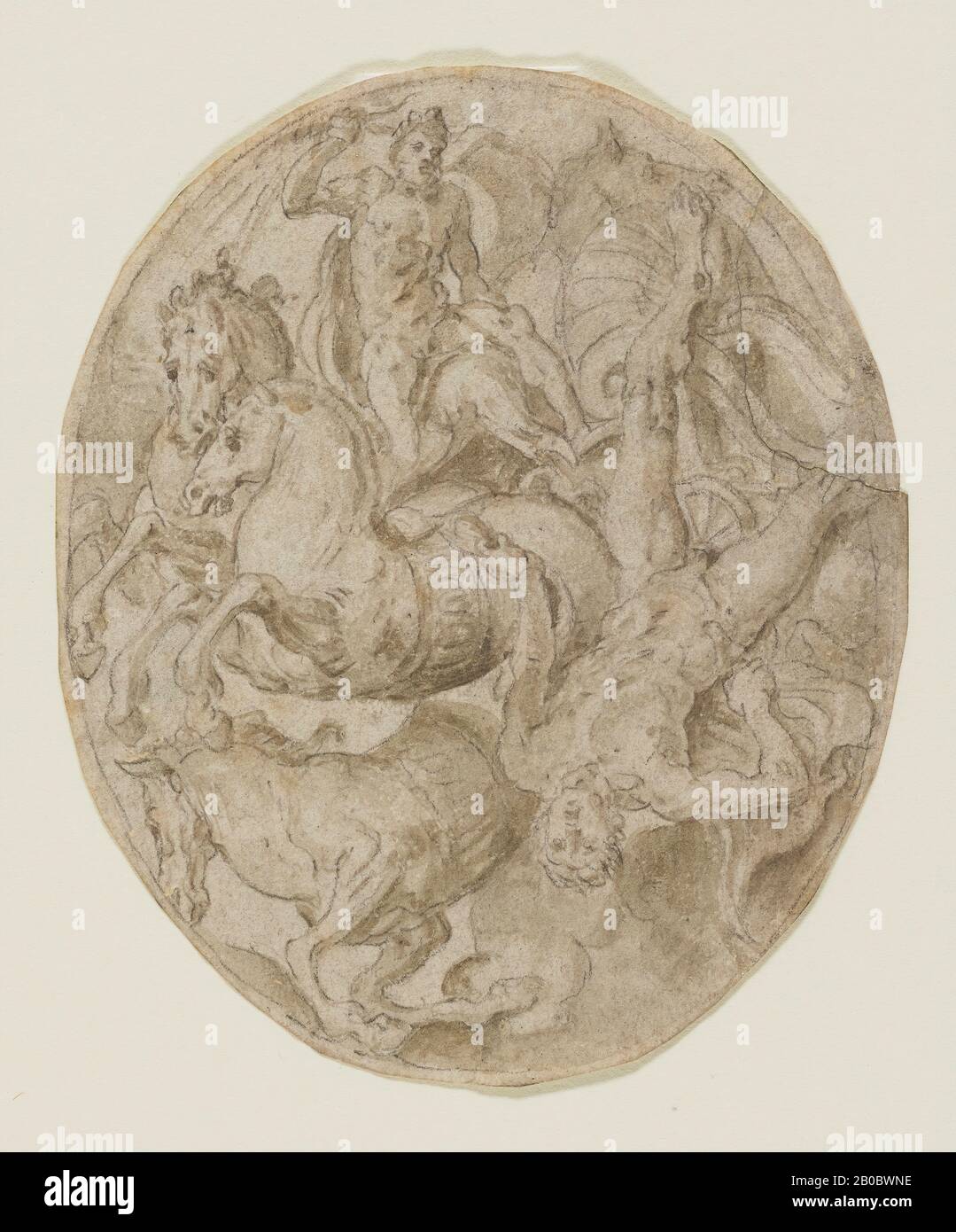 Frans Floris il Vecchio, La Caduta di Phaeton, ca. 1555, pennello e inchiostro marrone chiaro su gesso nero su carta, 5 1/8 in. x 4 1/4 in. (13 cm. X 10,8 cm.), Frans Floris ha reso popolari i soggetti mitologici come manierista settentrionale ad Anversa. Raffigura la fatidica caduta di Phaeton, figlio del sole dio Helios, che implorò di guidare il carro del sole ma perse rapidamente il controllo dei cavalli infuocati. Mentre il carro che si avea messo a galla sia il cielo che la terra, Giove cercò di fermare la distruzione e colpì Phaeton con un fulmine, mandandolo a scagliarsi contro la sua morte. Il disegno di Floris, in linea Foto Stock