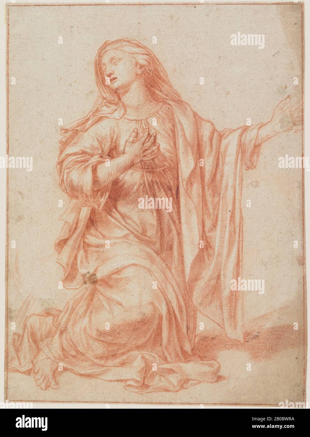 Artista sconosciuto, Studio per la Vergine Annunciata, 1600-1700, gesso rosso su carta, 14" x 10 1/4" (35,6 cm. x 26 cm.) Foto Stock