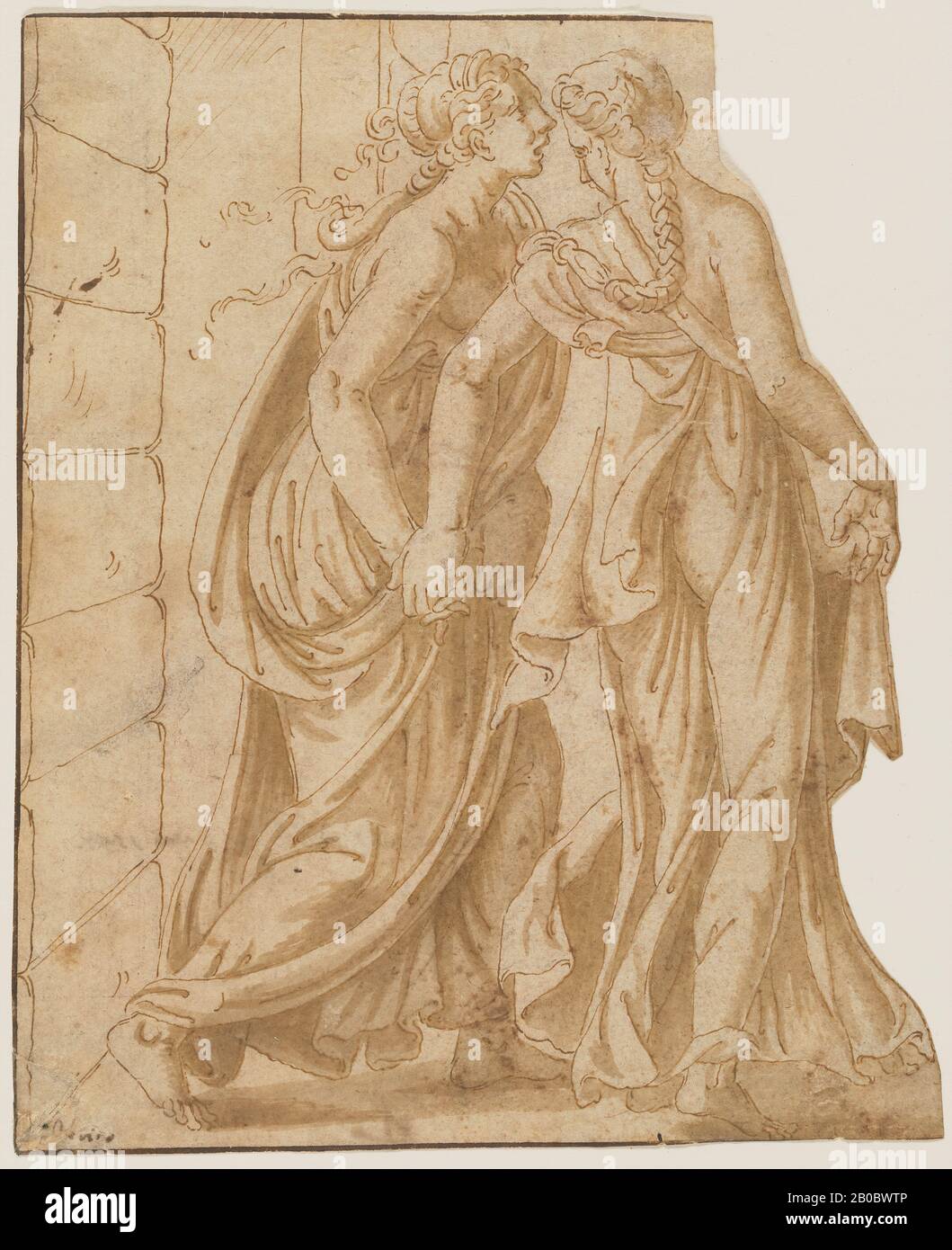 Giulio Romano, Due Donne, 1492-1546, penna e inchiostro marrone, lavaggio marrone, tracce di gesso nero su carta, 7 1/16 in. X 5 13/16 in. (18 cm. X 14,7 cm.), Questo grande paesaggio della collezione di James Bowdoin III riflette l'esperienza diretta dell'artista della Campagna Romana, ma potrebbe essere stato creato molto bene dopo il suo ritorno nei Paesi Bassi. Dopo aver concluso la sua formazione negli studi di Jan Micker, Claes Moeyaert e Abraham Bloemaert, Weenix si recò a Roma e si unì a un gruppo di artisti espatriati olandesi. I 'Bentveughels,' o 'Uccelli di un Feather,' sono stati attratti dai paesaggi intorno a R. Foto Stock