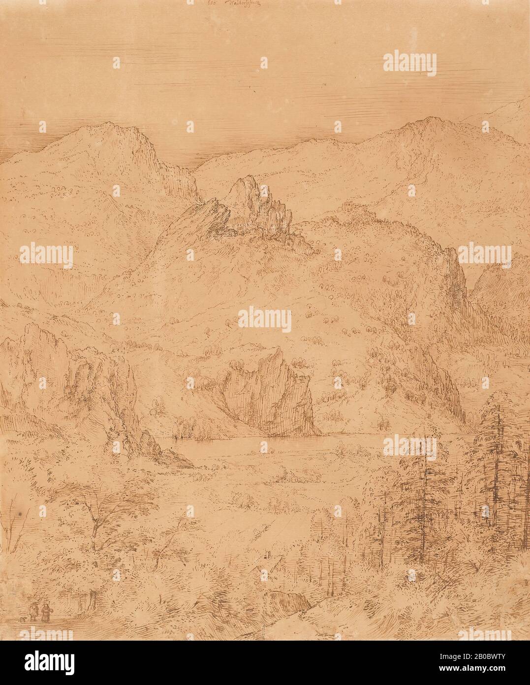 Master of the Mountain Landscapes (ex attribuito a Bruegel), paesaggio alpino (Vista di Waltensburg), ca. 1580-1630, penna e inchiostro marrone su carta, 12 5/8 in. x 10 13/16 in. (32 cm. X 27,4 cm.), questo disegno ampiamente noto è stato identificato solo recentemente come un'opera di un movimento di rinascita della fine del sedicesimo e dei primi diciassettesimo secolo. Artisti e collezionisti si sono meravigliati in prodezze di virtuosismo e erudizione mentre producevano e godevano di opere d'arte come i grandi maestri del passato, come Pieter Bruegel il Vecchio (ca. 1525–1569). Bruegel aveva viaggiato attraverso l'Italia dal 1552 a. Foto Stock