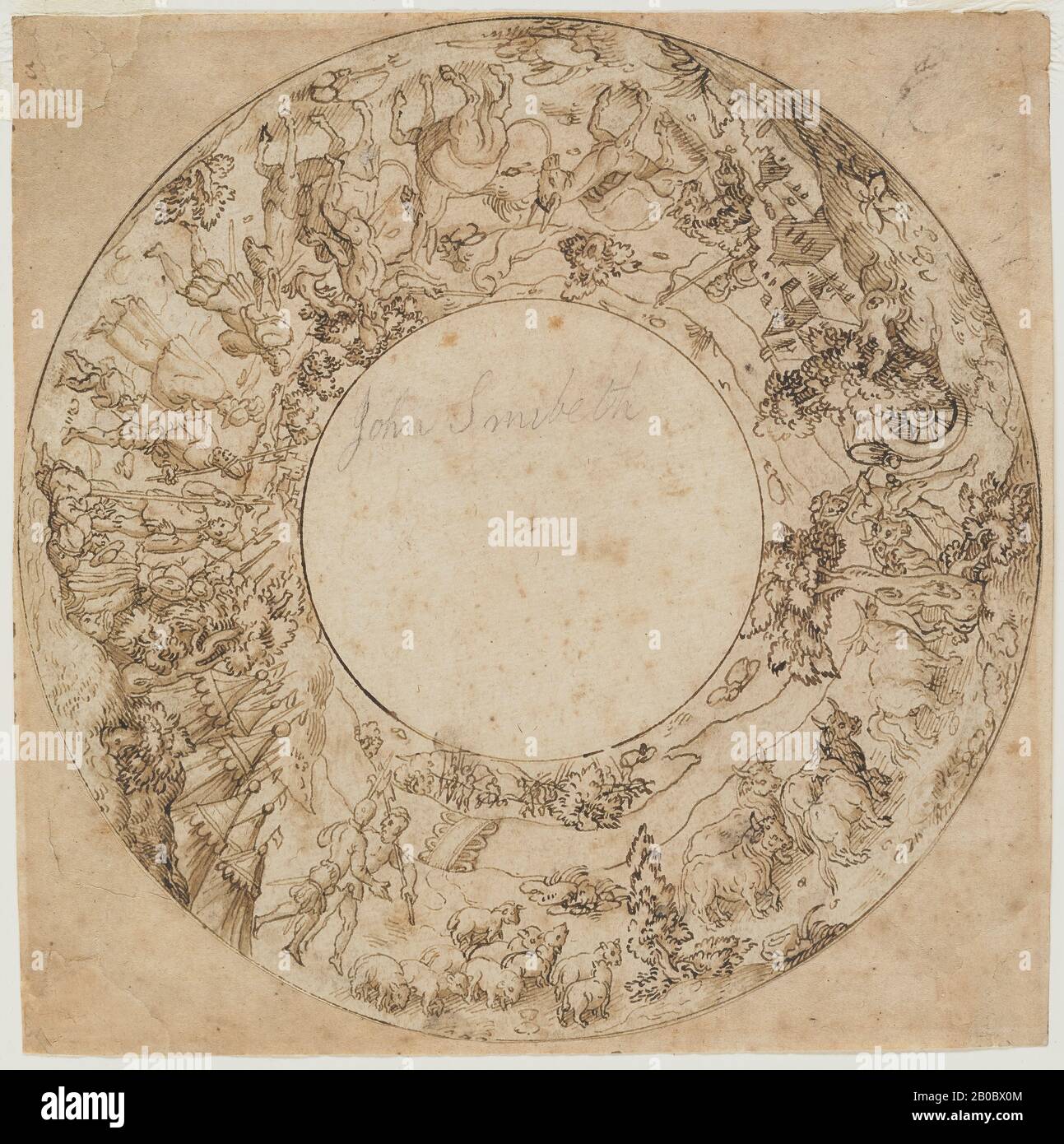 Artista sconosciuto, disegno per un piatto Circolare, 1500-1600, penna e inchiostro marrone e lavaggio marrone su carta, 6 1/4 in. X 6 1/4 in. (15,88 cm. X 15,88 cm.), questo foglio è uno dei tre nella ricerca di James Bowdoin III che è inscritto con il nome di John Smibert e documenta la proprietà dell'artista dei disegni europei storici in America iniziale. Il disegno si riferisce all'opera di artisti a Norimberga, in Germania, e può essere stato inteso per il piede o la copertura di una tazza in piedi, una lussuosa imbarcazione da bere in argento, pietra scolpita, o altri materiali preziosi. Un convoglio ben protetto con impacco di animali e l Foto Stock