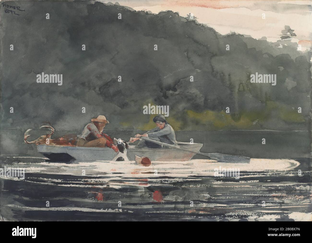 Winslow Homer, The End of the Hunt, 1892, acquerello su grafite su carta straccia bianca, 15 1/8 in. X 21 3/8 in. (38,4 cm. X 54,3 cm.), Winslow Homer spesso vacaioned in Adirondacks, dove ha cacciato e pescato, e poi catturato l'esperienza in acquerello. Seguendo le tradizioni locali, i cacciatori e i loro cani spesso perseguivano la preda nel lago, dove i cervi si annegavano o si annegavano dai fondali, poi si uccisero prima di essere trasportati in barca. 'The End of the Hunt' è rappresentato in uno schema di colori profondi che trasmette una gamma completa di tonalità autunnali, dai rustici ai verdi gialli. Nel cen Foto Stock