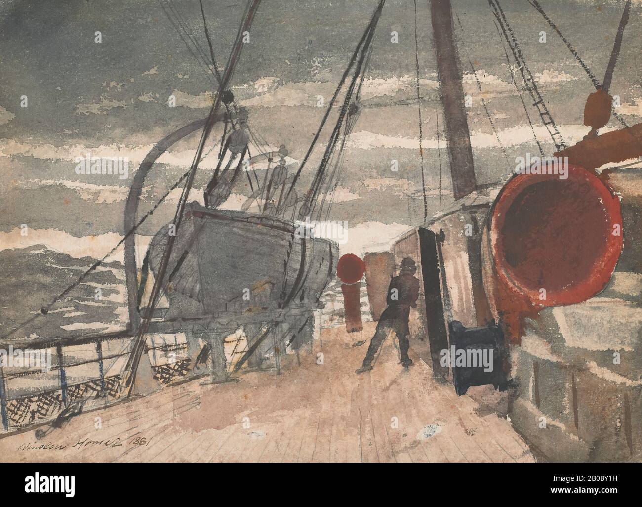 Winslow Homer, Marine, 1881, acquerello su grafite su carta di wove bianca, 9 3/4 in. X 13 1/2 in. (24,77 cm x 34,29 cm), Creato durante un viaggio da New York in Inghilterra nel 1881, 'Marine' è uno dei due acquerelli della stessa nave visto da estremità opposte. Il lavoro acutamente affina la percezione del tempo da parte dello spettatore. Un marinaio a gambe marine si bilancia a bordo di una nave, mentre la nave attraversa le onde in corso. Il soggetto prova il senso di equilibrio dell'artista e lo sfida a trasformare un evento importante in un'immagine con il potere di rimanere. Omero diede questo acquerello al fratello minore Arthur, Foto Stock
