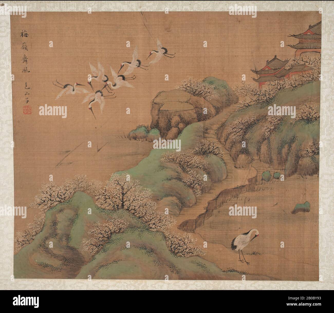 Lu Zhi, Sei Cranes in Paesaggi, n.d., inchiostro e colori su seta, 12" x 14" (30,48 cm x 35,56 cm Foto Stock
