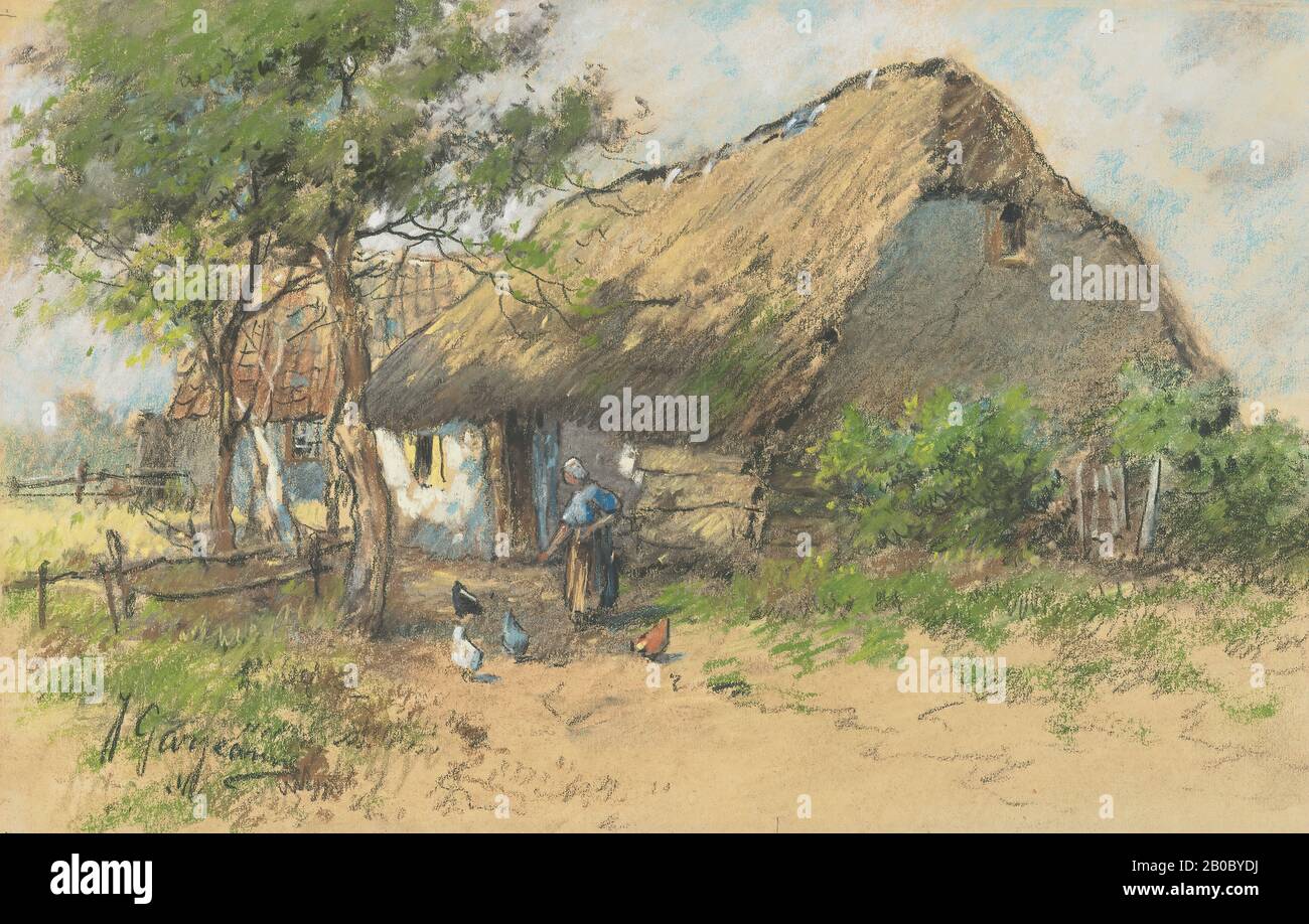 J. Garjeanne, Farmyard Scene nelle Fiandre, 1800-1900, pastello su carta, 9" x 14 1/16" (22,9 cm. x 35,7 cm.) Foto Stock