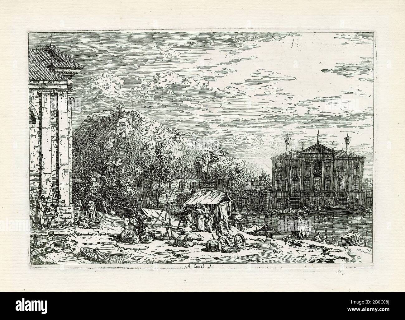 Canaletto (canale Giovanni Antonio), il mercato di Dolo, n.d., incisione su  carta posata, 5 3/4 in. X 8 1/4 in. (14,6 cm x 21 cm Foto stock - Alamy