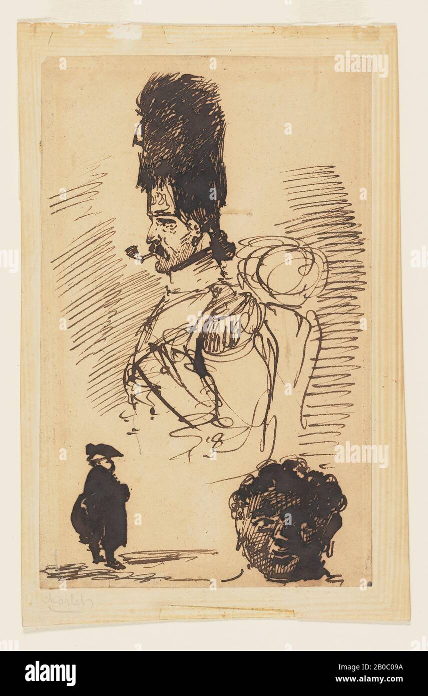 Nicolas-Toussaint Charlet, Profile Busto di un Grenadier, Small Comic Figure e Volto di un uomo, n.d., inchiostro su carta, 7 in. X 4 3/8 in. (17,8 cm. x 11,1 cm.) Foto Stock