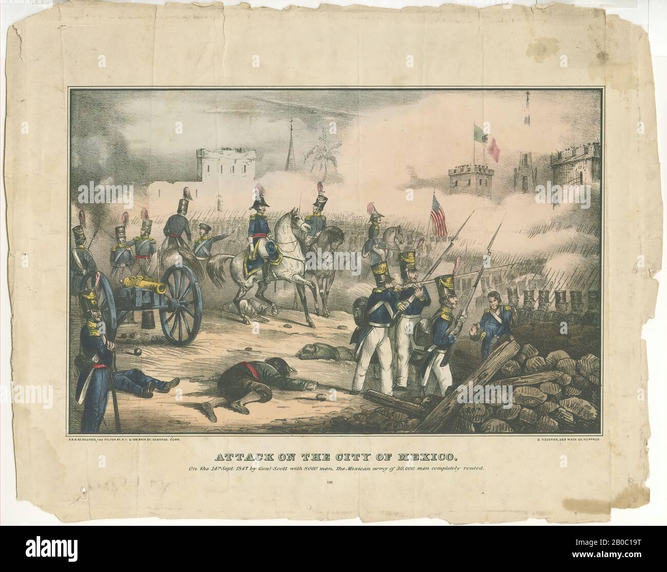 D. Needham, Parte di una collezione di stampe di guerra messicano-americane, Attacco alla Città del Messico. Sulla 14th ofSeptember1847 del generale Scott Con 8000 uomini, l'esercito messicano di 30.000 uomini Ha Instradato n. 118, n.d., litografia a colori su carta, 12 pollici x 15 1/8 pollici. (30,48 cm x 38,42 cm Foto Stock