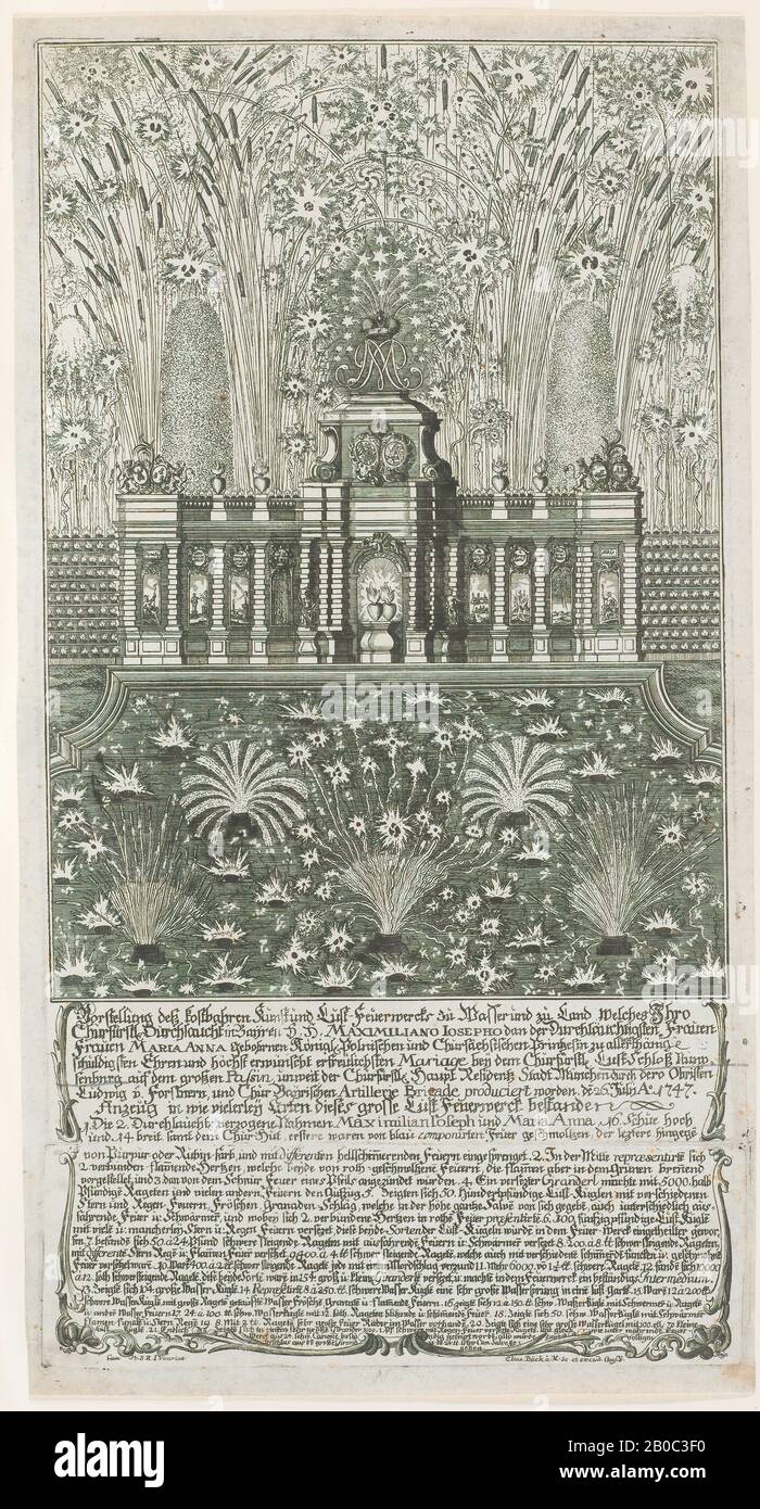 Elias Baeck, senza titolo (fuochi d'artificio che si svolgono a Nymphenburg vicino Monaco di Baviera per celebrare il matrimonio tra Elector Massimiliano Giuseppe di Baviera e la principessa polacca Maria Anna di Sassonia nel 1747), incisione su carta, 15 pollici x 8 pollici. (38,1 cm x 20,32 cm Foto Stock