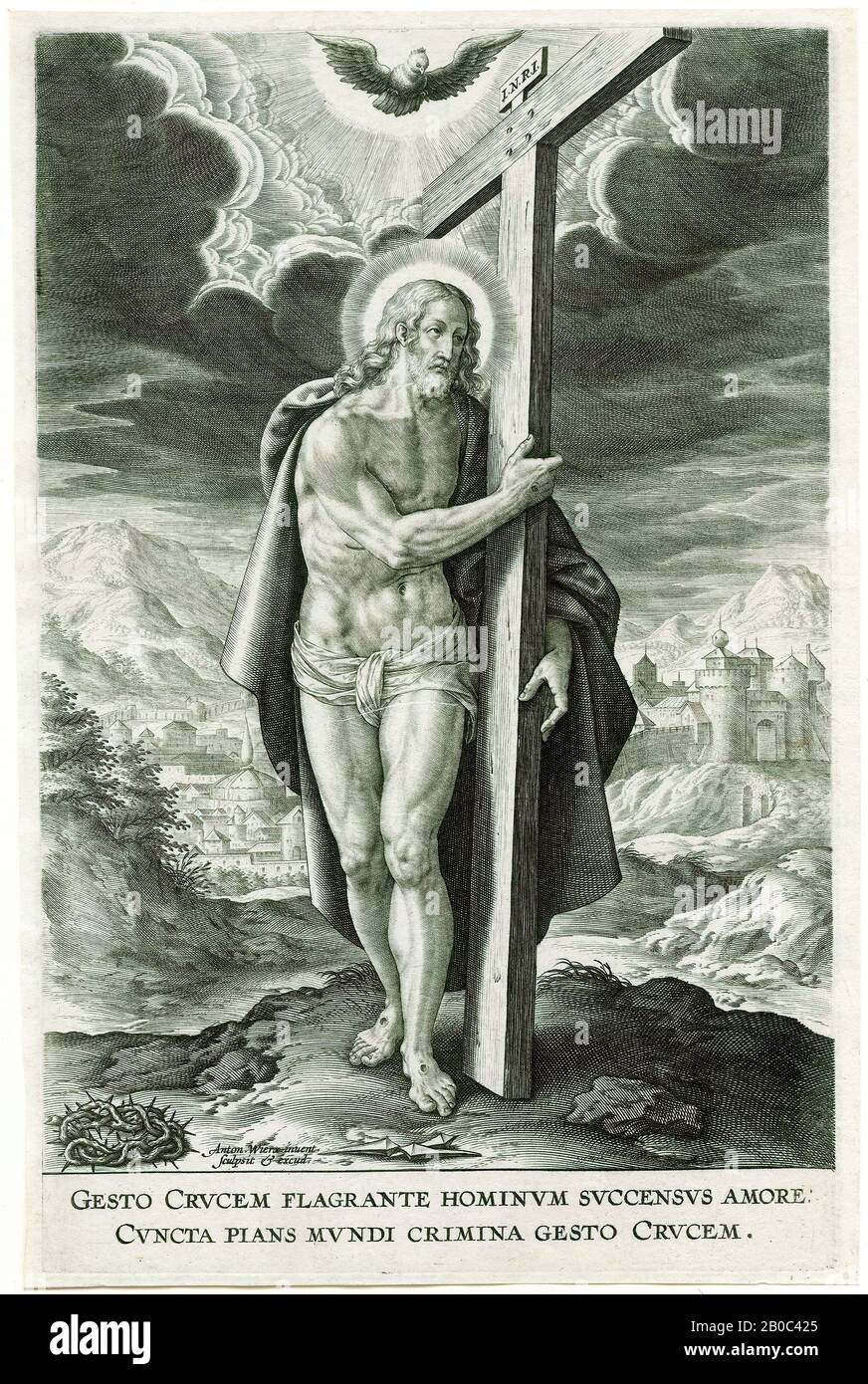 Anton Wierix, il Cristo risorto che porta la Croce, n.d., incisione su carta cremosa posata, 9 5/16 in. X 6 1/8 in. X 6 1/8 in. (23,65 cm x 15,56 cm x 15,56 cm Foto Stock
