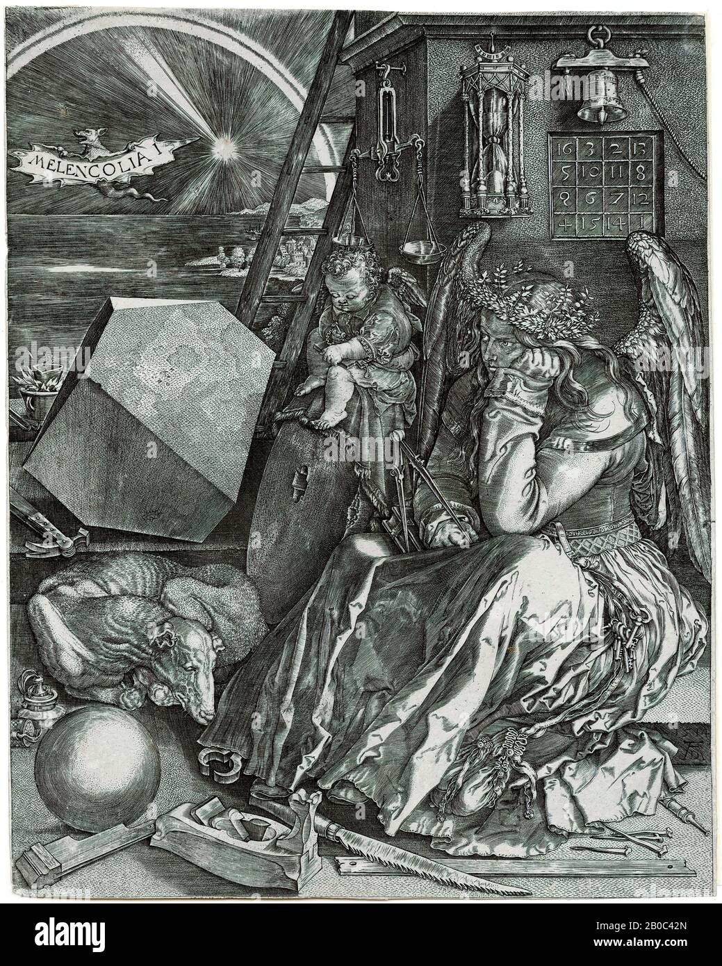 Johan Wierix, Melencalia, Albrecht Dürer, 1602, incisione su carta con crema, 9 5/16 in. X 7 3/8 in. (23,65 cm x 18,73 cm Foto Stock