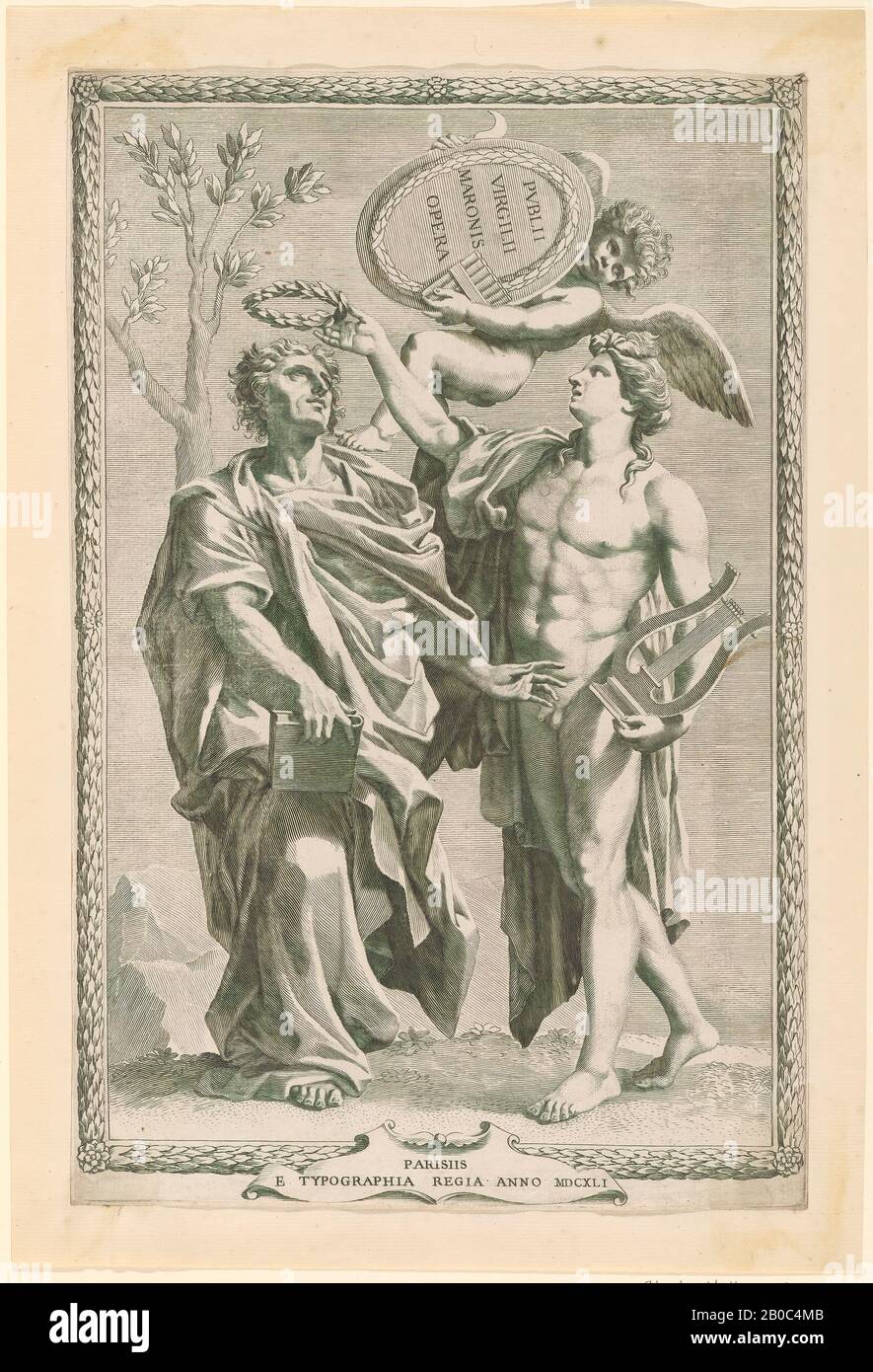 Claude Mellan, titolo Page to Virgil's Works, dopo Nicolas Poussin, 1641, incisione su carta anticato color crema, 14 1/4 in. X 9 1/4 in. (36,2 cm x 23,5 cm Foto Stock