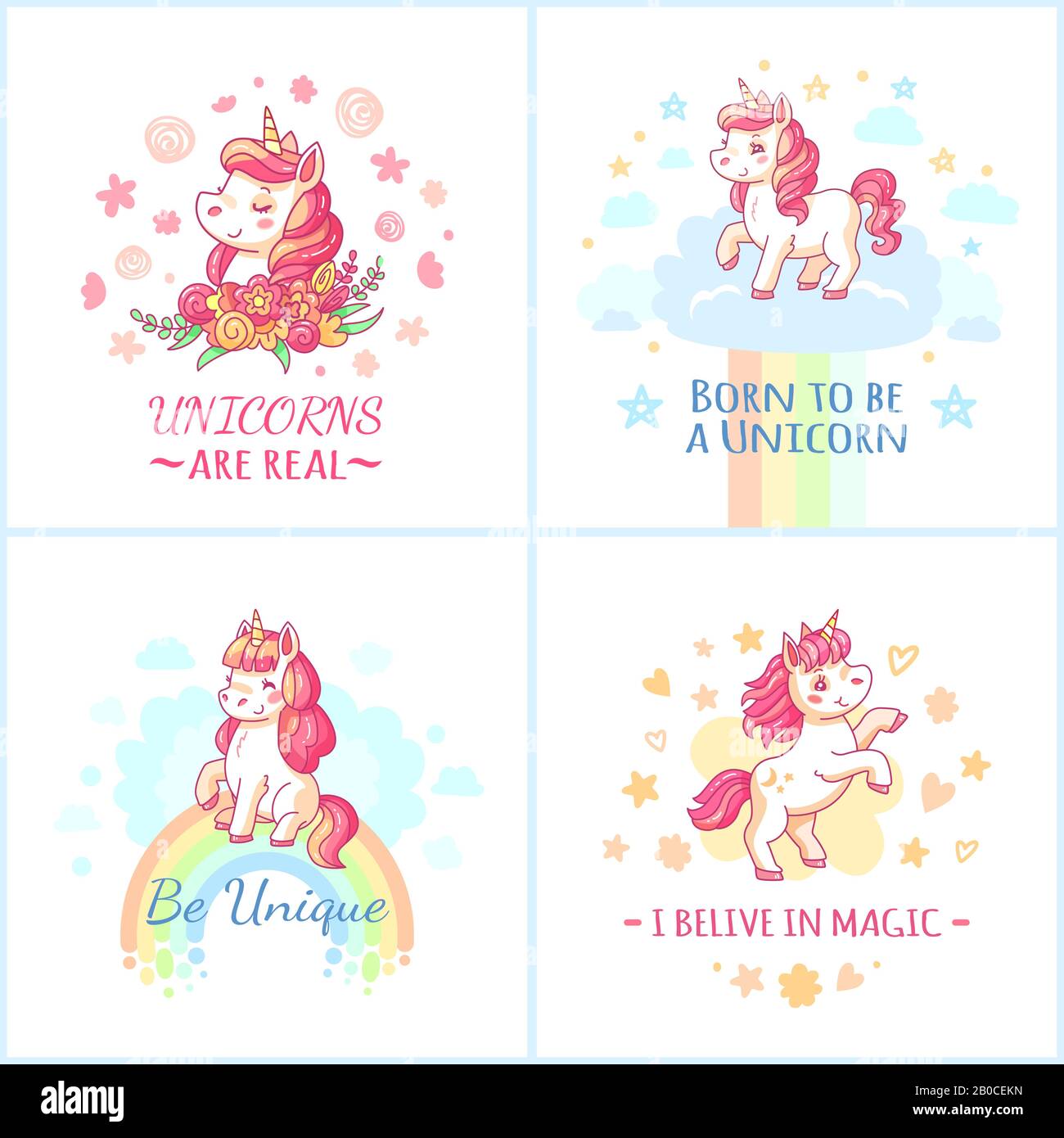Poster unicorno fairy. Sweet rainbow magic unicorni da sogni felici poster stampabili set vettoriale Illustrazione Vettoriale