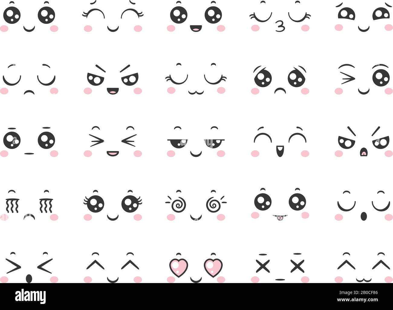 Simpatiche emoticon doodle con espressioni facciali. Giapponese anime stile emozioni volti e kawaii emotoji insieme vettore icone Illustrazione Vettoriale