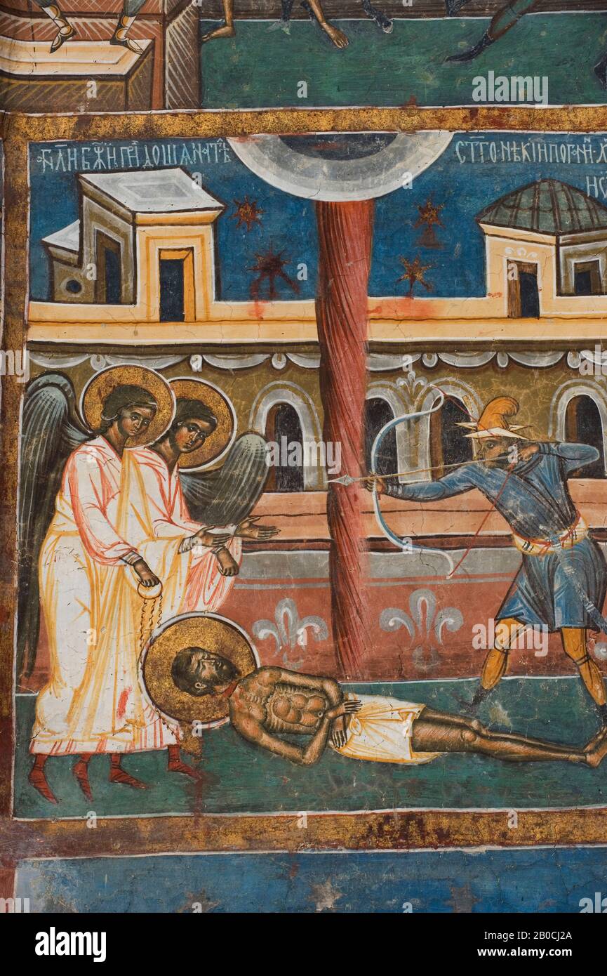 ROMANIA, NEI PRESSI DI SUCEAVA, MONASTERO DI VORONET (1488), PARETE MERIDIONALE, PARTICOLARE DELL'AFFRESCO Foto Stock
