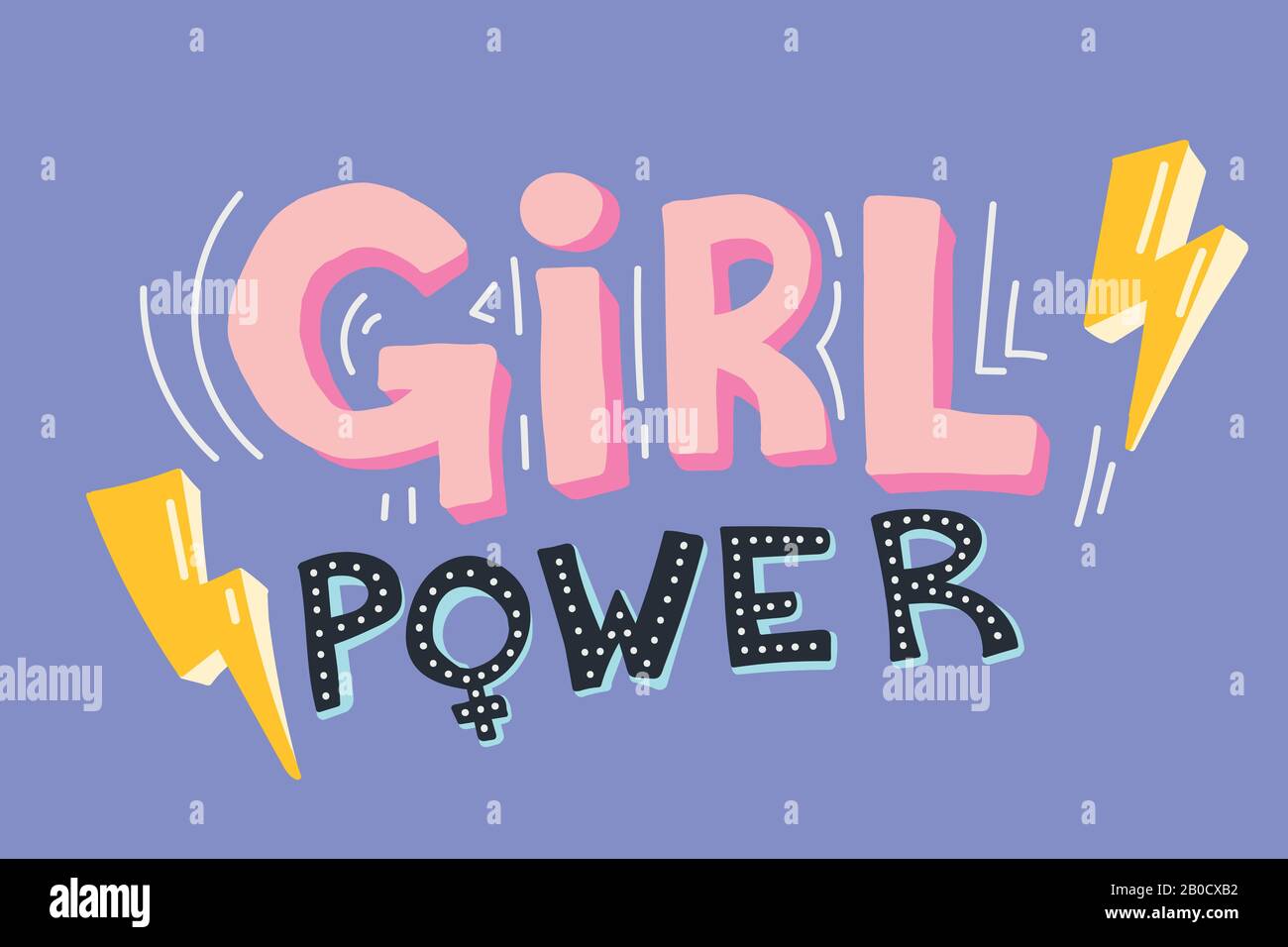 Alimentazione della ragazza. Rosa ragazza power testo su sfondo viola con giallo fulmine e sesso femminile segno. Elegante vettore disegnato A Mano. Femminismo, diversità e Illustrazione Vettoriale